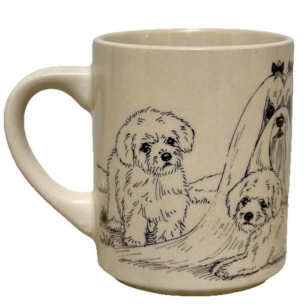 VTG 1992 The Cache Laura Griffin Maltese Dog & Puppies Mug‎ Signed Ceramic 10 oz